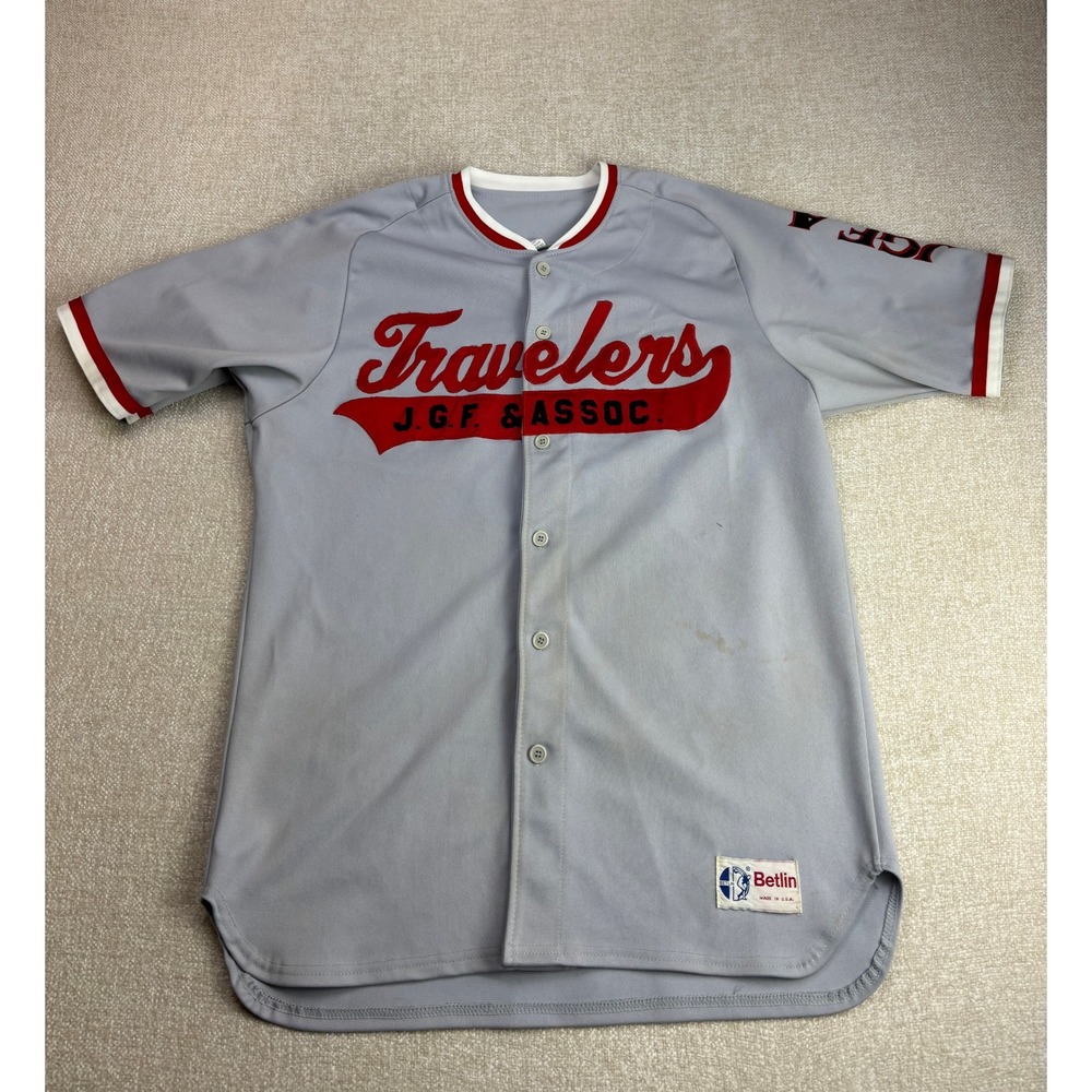 Vintage Betlin Travelers Baseball Jersey Mens XL Gray Red Button Up Made in USA